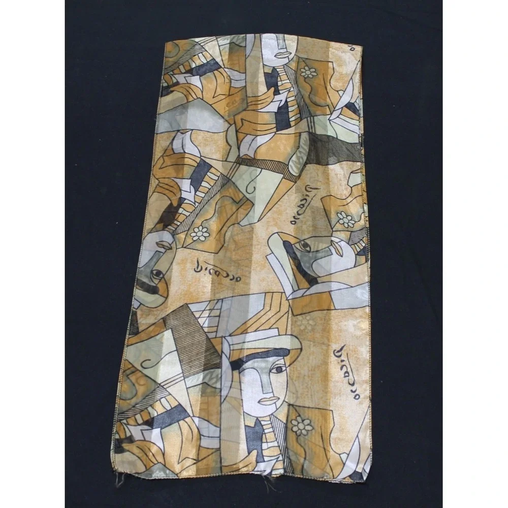 Picasso Silk Scarf 13x58 Abstract Cubist Art Print Hand Rolled Hem Long Scarf